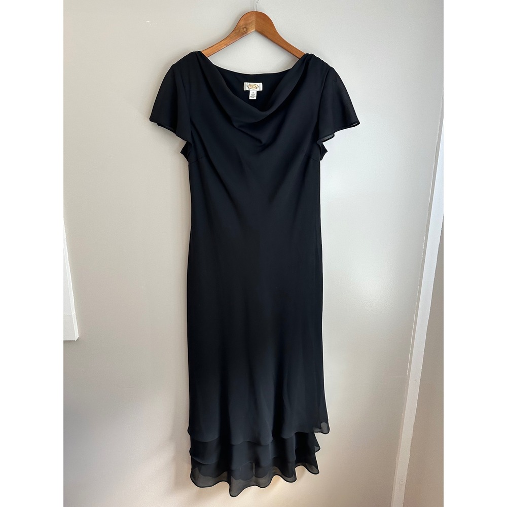 Talbots Cowl Neck Midi Dress Women 12 Black Tiered Ruffle Flutter Sleeve Elegant